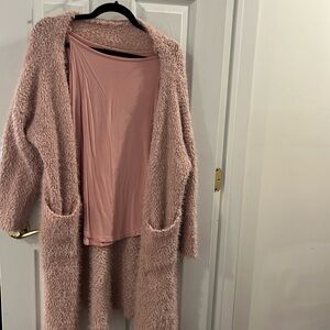 Fluffy pink cardigan with under shirt